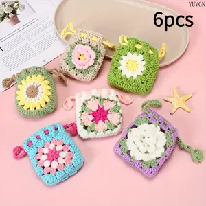 6PCS Cute Sunflower Crochet Drawstring Pouch for Students, Hand-Woven Mini Coin Purse, Earphone Protective Case & Storage Bag, Versatile Floral Knit Wallet for Daily Use