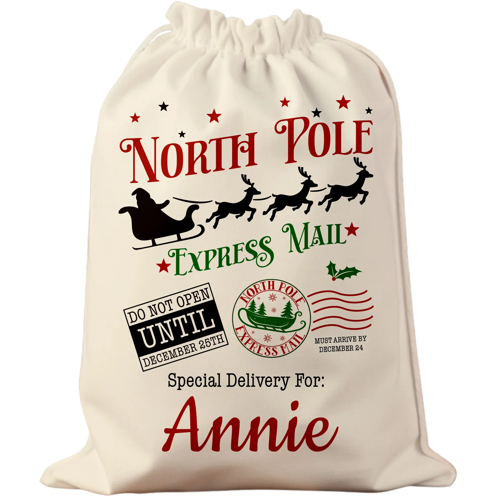 Santa Sack - Custom Drawstring Christmas Bags - 27” x 17” Santa Sacks For Presents - Cotton Burlap Gift Bag - Xmas Bag - USA Customized Quick Ship - 4 Designs To Choose From