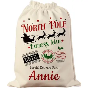 Santa Sack - Custom Drawstring Christmas Bags - 27” x 17” Santa Sacks For Presents - Cotton Burlap Gift Bag - Xmas Bag - USA Customized Quick Ship - 4 Designs To Choose From