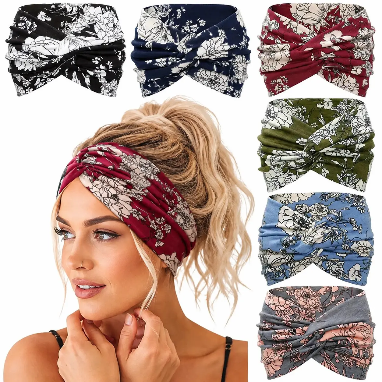 6 Pack Wide Headbands for Women, 7 Inch Floral Printed Turban Headband Boho Twist Knotted Hair Wraps, Soft No Slip Sweat Absorbing Headbands for Yoga Workout Running Sports, Retro Hair Accessories for Daily Wear Styling