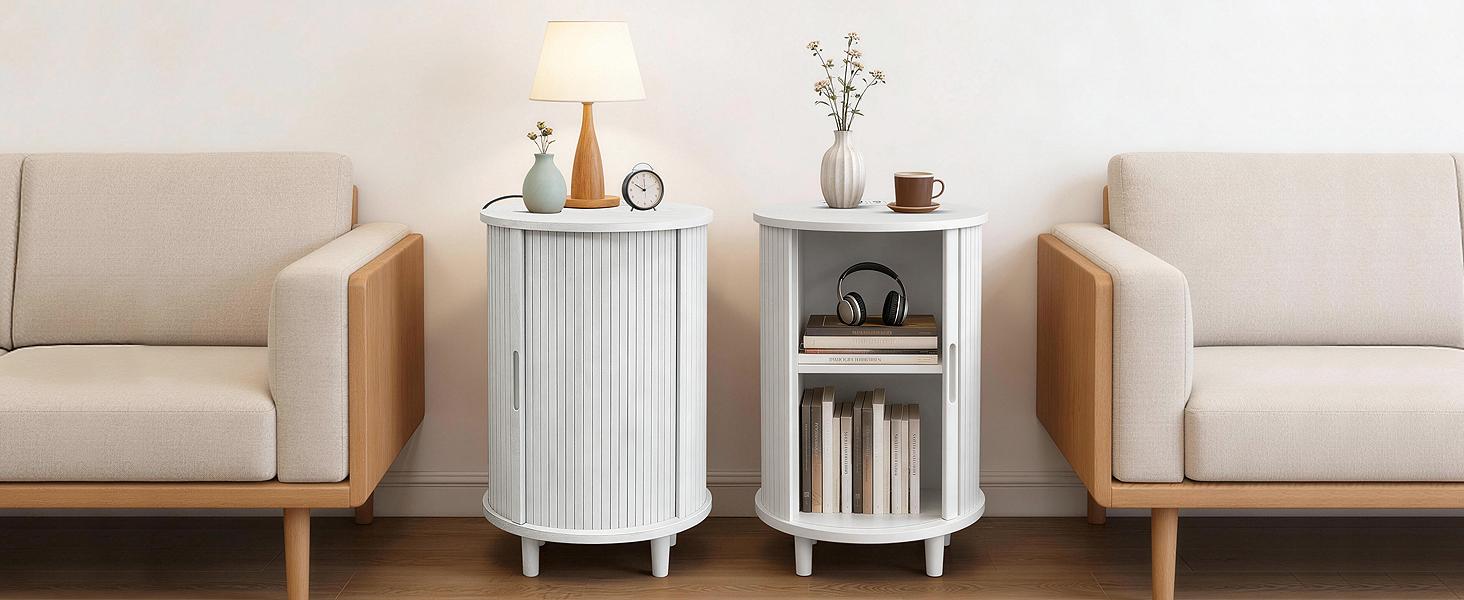 DHH Modern Fluted Round Nightstand with Charging Station & Power Outlets, Circular End Table with Tambour Door & Storage, 2-Tier Bedside Table for Bedroom, Living Room