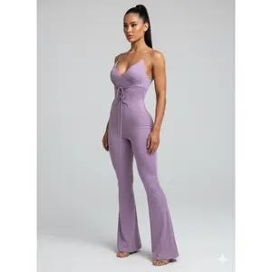 Lace Up Dream Bodycon Jumpsuit  Lavender Flare