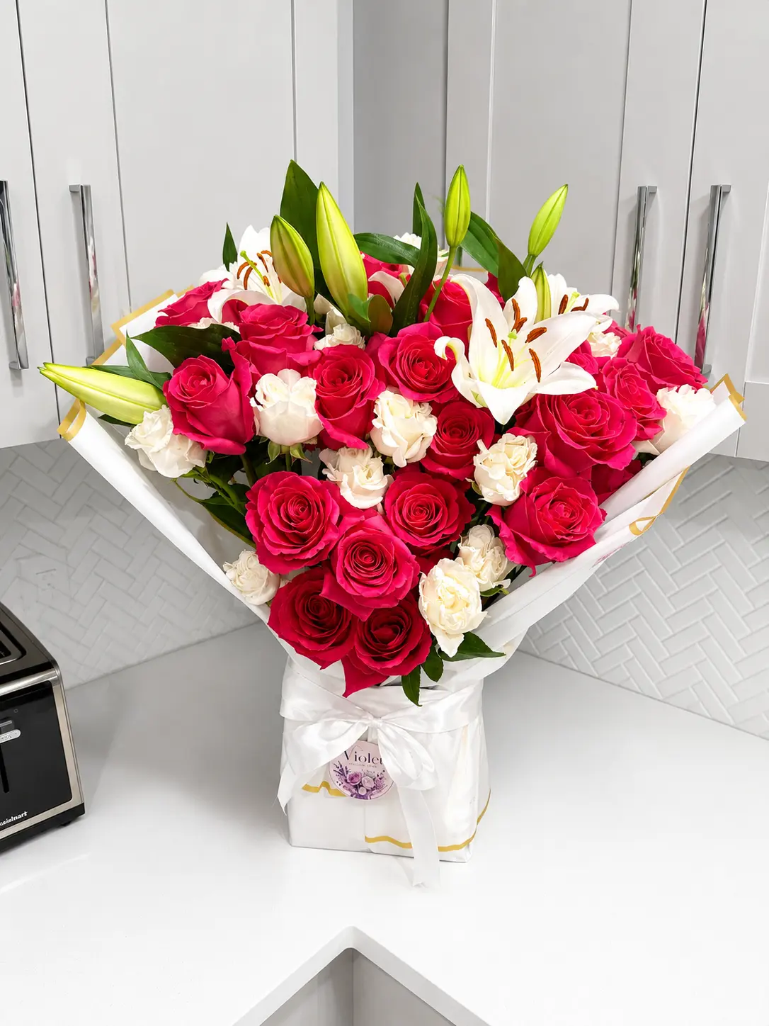 Lily Bouquet Artificial Flowers, 50-Piece Hot Pink and White Faux Lily Arrangement, Faux Floral Decor for Home and Room Decor, Decorative, Bouquet Flowers