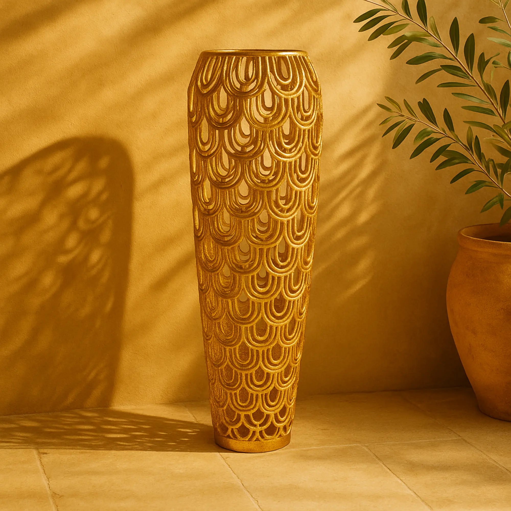 Tall Geometric Aluminum Vase - Art Deco Inspired Arched Decorative Piece with Rubber & Felt Accents, Ideal Gift for Entryway Centerpiece (Home Decor Supply), Decoration