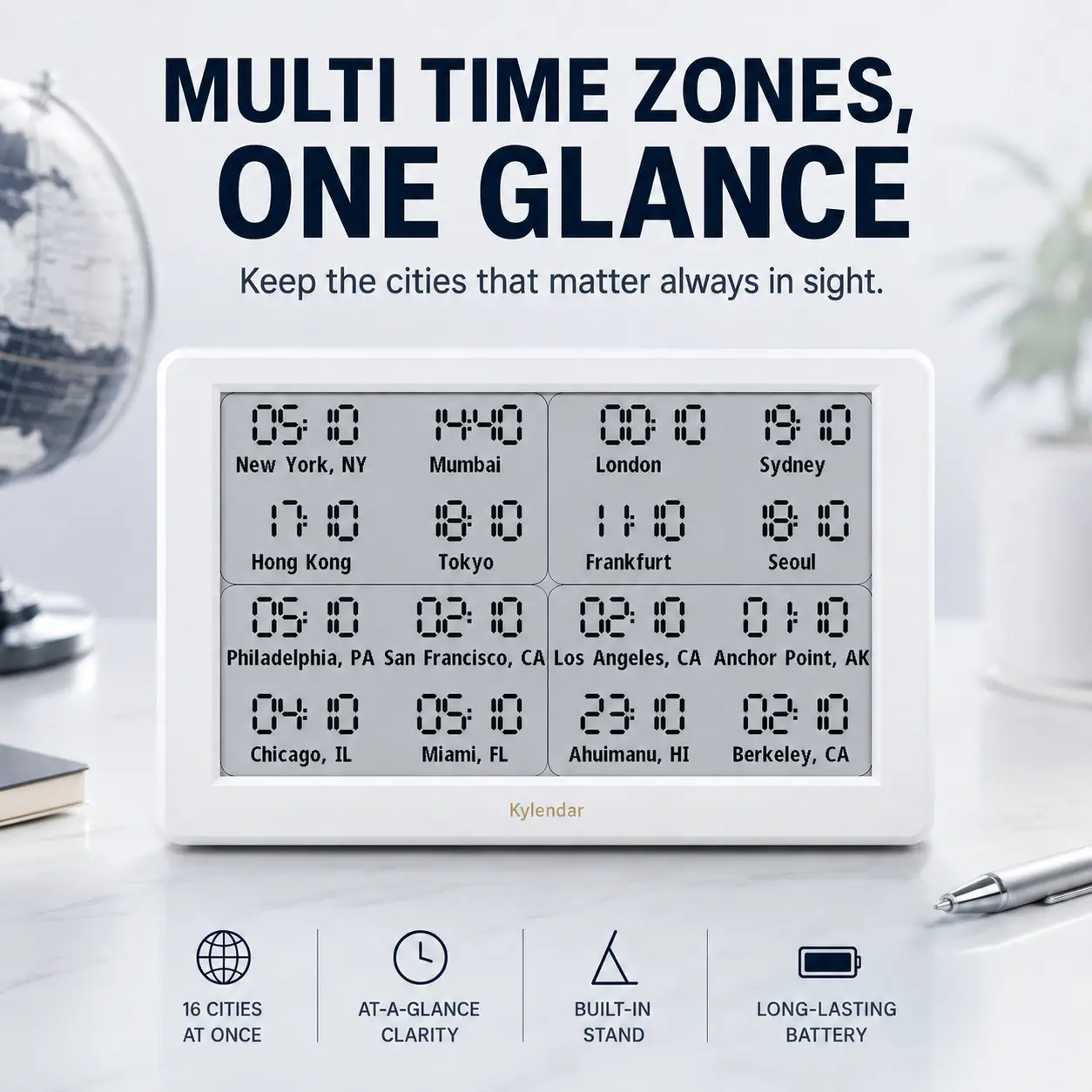 Glare-Free Wi-Fi V2 Version Dashboard World Clock with Weather Function, Global Time Zone Sync, 26-Country Coverage & 1,500+ U.S. Locations - Ideal for Travelers & International Professionals, 7" Display