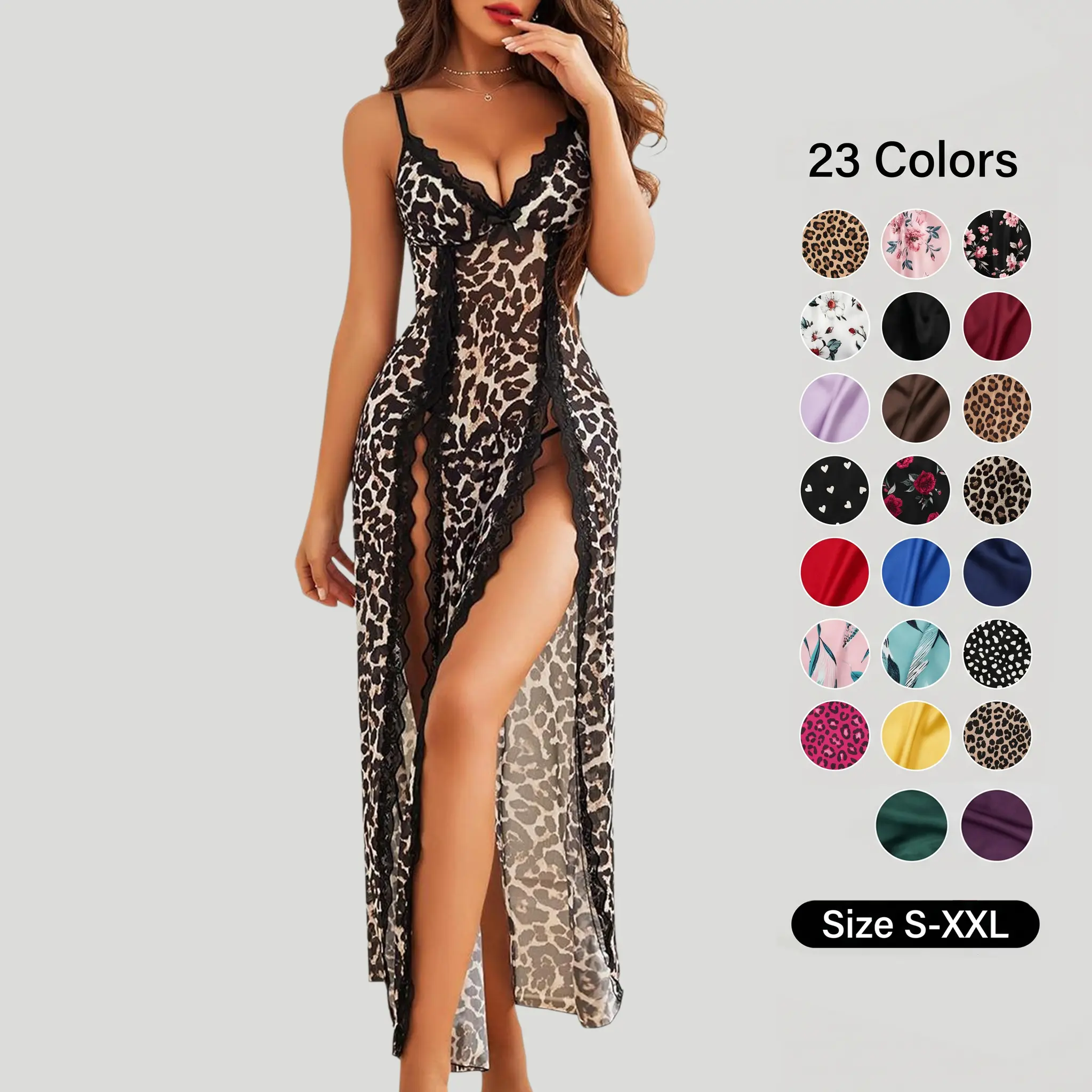 Avidlove Women's Lace Nightgown - Leopard  Mesh Chemise with V-Neck & Side Splits - Fitted Loungewear for Comfortable Wear - Soft Lightweight Lingerie  All-Season Loungewear SpringStatements Slip Dresses Womenswear Nightwear Spaghetti Strap