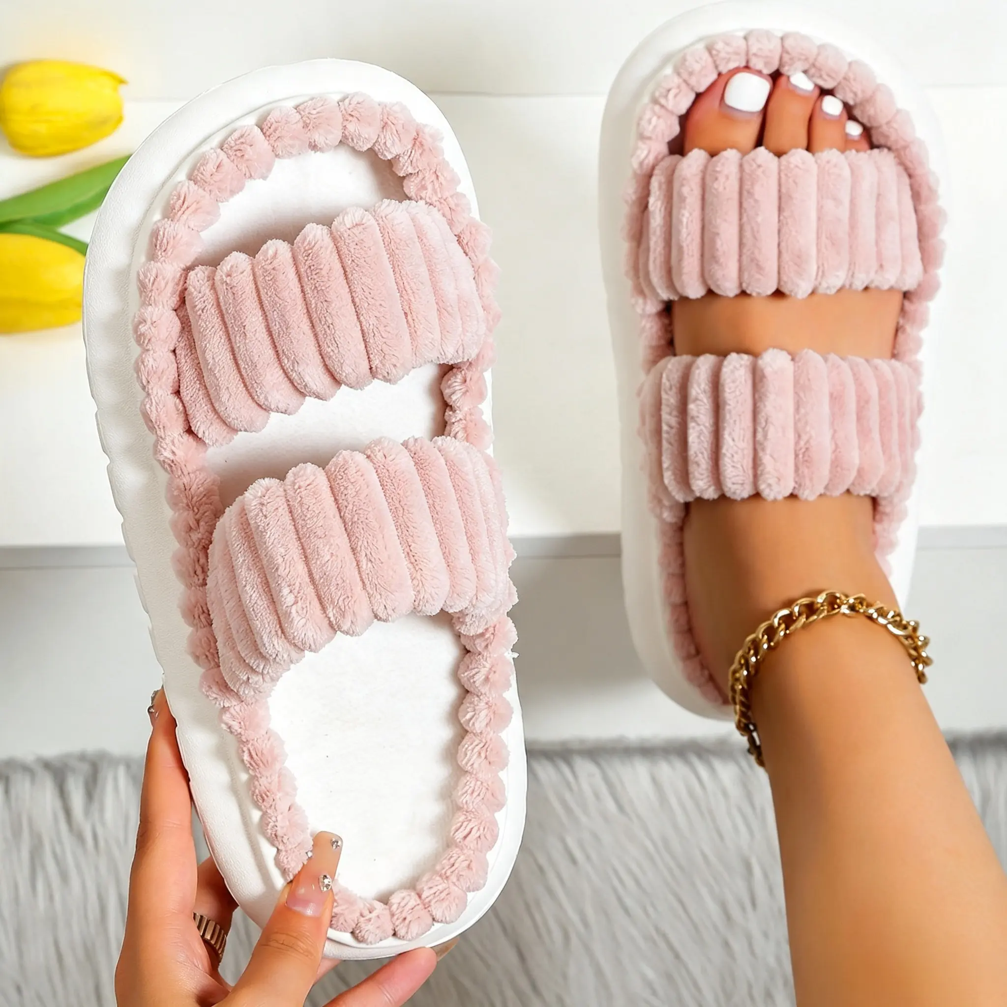 Minimalist Fluffy Home Slippers, House Slippers, Open Toe Bedroom Sandals for Gifts, Casual Soft Platform Pink Cozy Bedroom Slippers, Fuzzy Warm Slippers for Women 2025, Walking Shoes, Footwear, Flatform, Cute Soft Slippers