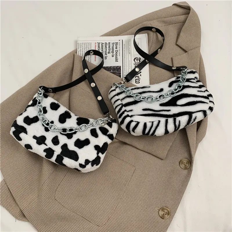 Women's Plush Velvet Baguette Bag - Cow & Leopard Pattern Crossbody Shoulder Purse with Convertible Chain Strap & Zipper Pocket, Purse Shoulder Bag, Crossbody Purse