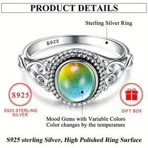 925 Sterling Silvery Emotional Temperature Sensing Color Changing Ring Women's Vintage Handmade Victorian Oval Ring Jewelry Daily Party Holiday Gift with Gift Box
