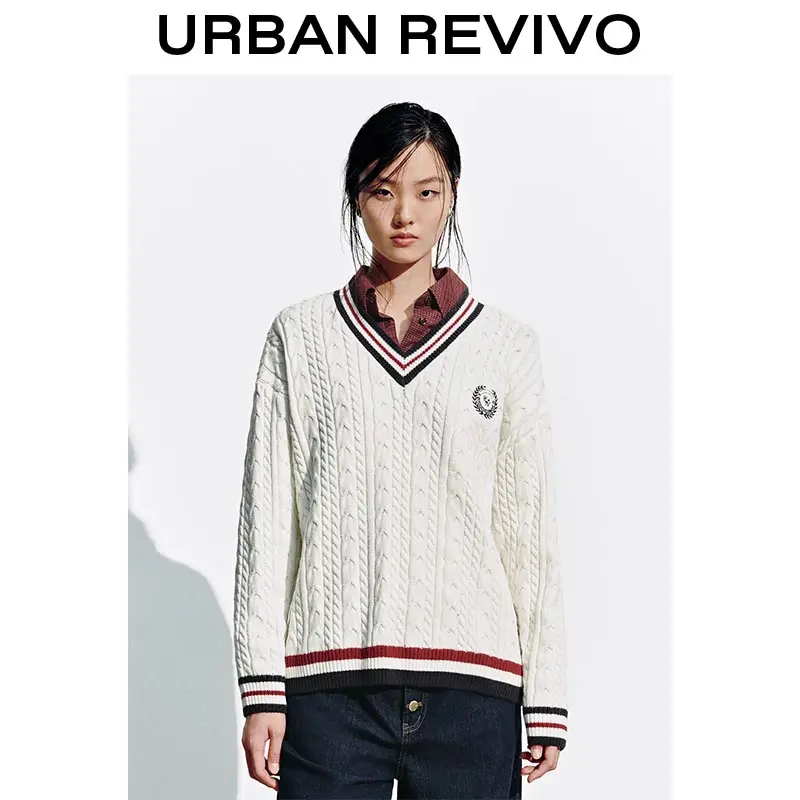 URBAN REVIVO Women's Elegant Knitting Braid V-Neck Longsleeves Top, Casual Womenswear UYY950127