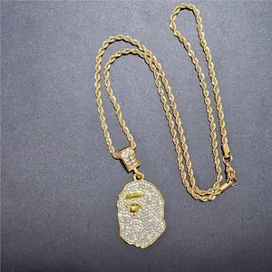 Gold/Silver Ape Head Pendant Full Diamond Necklace 24inch Braided Chain