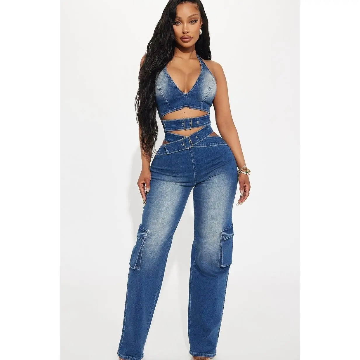 Women's Polyester-Cotton Denim Jumpsuit - Medium Wash E