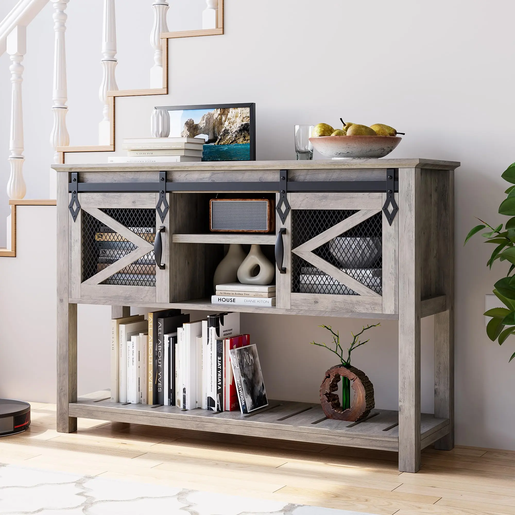 GARVEE Explore the GARVEE Farmhouse Entryway Table in Washed Grey and White Finishes: A Stylish and Functional Addition with Sliding Barn Doors and Ample Storage for Your Hallway or Entryway Decor.