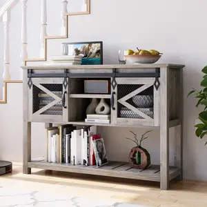 GARVEE Explore the GARVEE Farmhouse Entryway Table in Washed Grey and White Finishes: A Stylish and Functional Addition with Sliding Barn Doors and Ample Storage for Your Hallway or Entryway Decor.