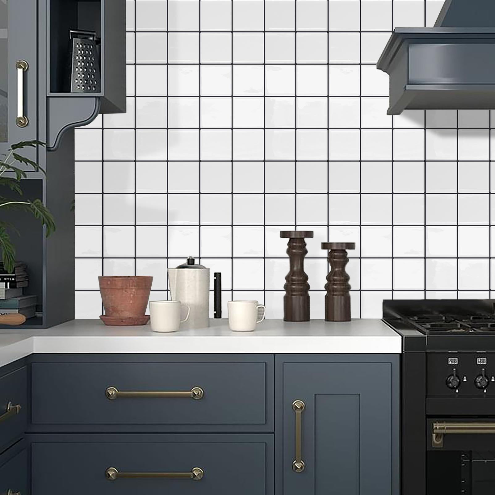 DEWOO Peel-and-Stick Wall Tiles — Grid Texture; White Tiles with Black Grout; Waterproof, Stain-Resistant, Scratch-Resistant, and Durable，Stick on Backsplash for Kitchenand Bathroom