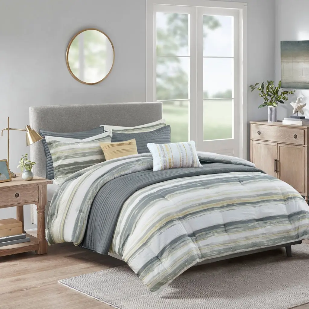 360 Stand Marina Theme Hypoallergenic Seersucker 8-Piece Comforter & Quilt Set, Polyester Fill, 104x92x1.5in Yellow Coastal Vibe for King/California King Size Bed