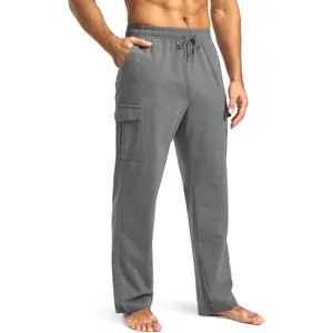 Men's Cotton Sweatpants with Cargo Pockets Open Bottom Yoga Pants for Men Lounge Pants for Athletic Workout CasualGift
