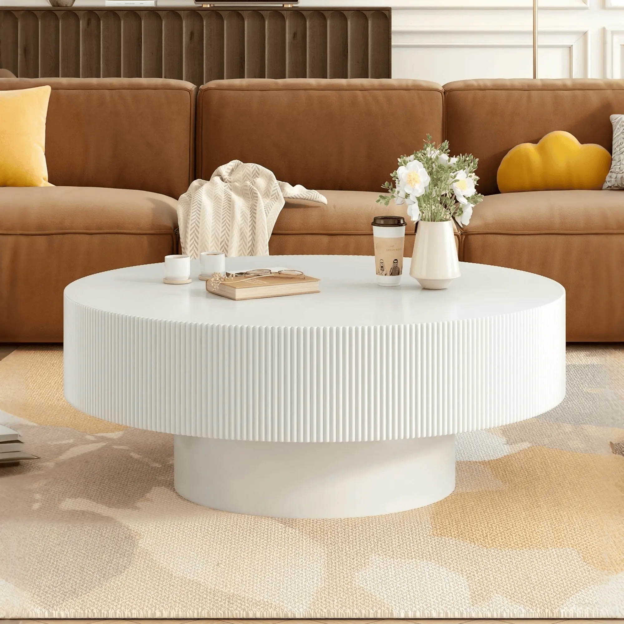 Elegant Easy Assembly Round Coffee Table with 6.8" Thick Tabletop, Modern Drum End Table, Minimalist Fluted Center Table with Sturdy Base for Living Room, White