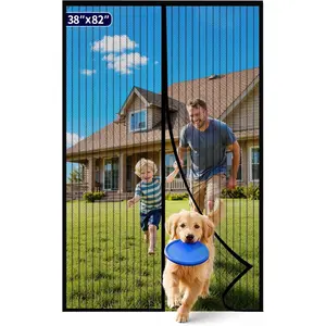 Magnetic Screen Door - 38.0 x 82.0 in Retractable Screen Door Mesh for Front Door or Sliding Door, Pet & Kid Friendly, Hands-Free Closure Keeps Bugs Out & Lets Breeze in, Stripe Black