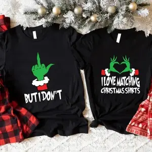 Fun couples Christmas party shirt set — “I love matching shirts, but I don’t” design. Perfect matching Xmas tee for husband and wife, a playful holiday outfit and thoughtful Christmas gift.