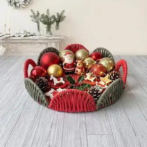 Handmade Paper Rope Basket with Handle,Toilet Paper Storage Basket Decor for Shelf,Living Room,Table,Bedside,Pet Organizing,Scalloped Boho Decor Bin,Color Blocking Handwoven Basket,Small