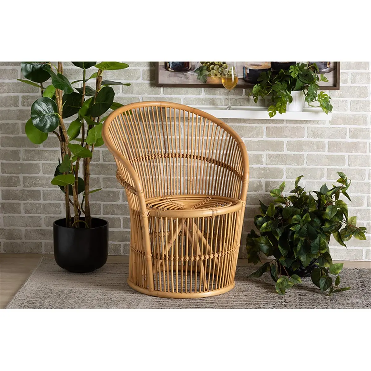 212 MAIN Natural Rattan Outdoor Accent Chair - Handmade Artisan, Bohemian Look, Fully Assembled, Openwork Frame, Modern Design, 31.30x27.20x24.60 in, Baxton Studio Narva