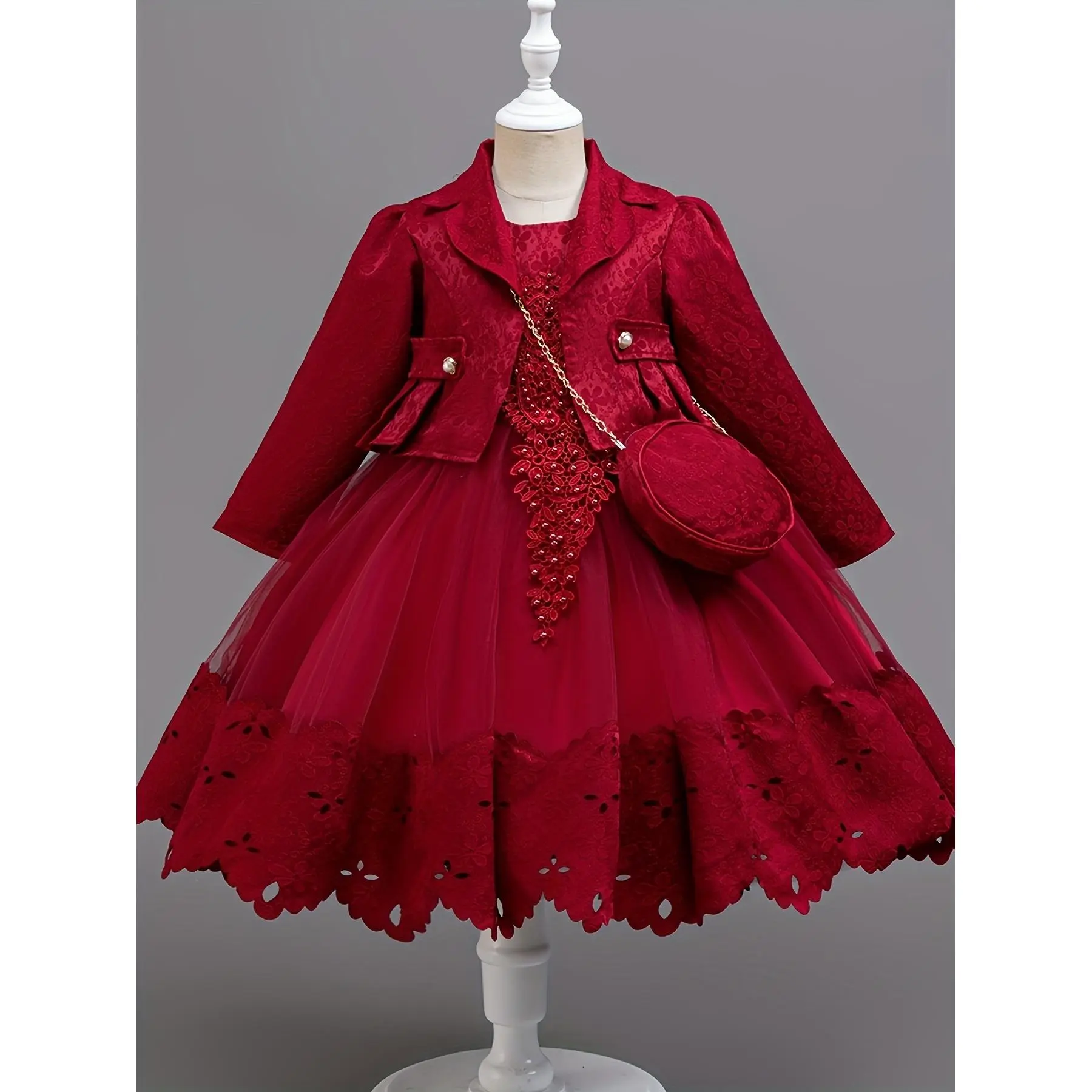open lace back dress Kids Girls Retro Style Plaid Winter Party Dresses 2pcs Set main image 0