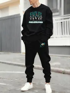 Men's Philadelphia Eagles 5 Players Graphic Print Set, Casual Long Sleeve Hoodie & Sweatpants, Spring & Fall Comfortable