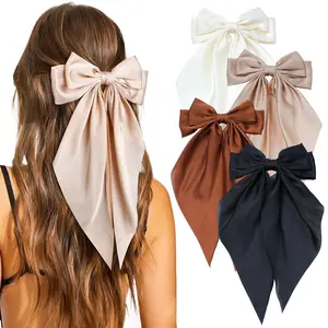 4Pcs Hair Bows for Women Big Silky Satin Bows for Ribbon Hair Long Tail Bow Hair Clips Cute Hair Barrettes Hair Accessories for Girls