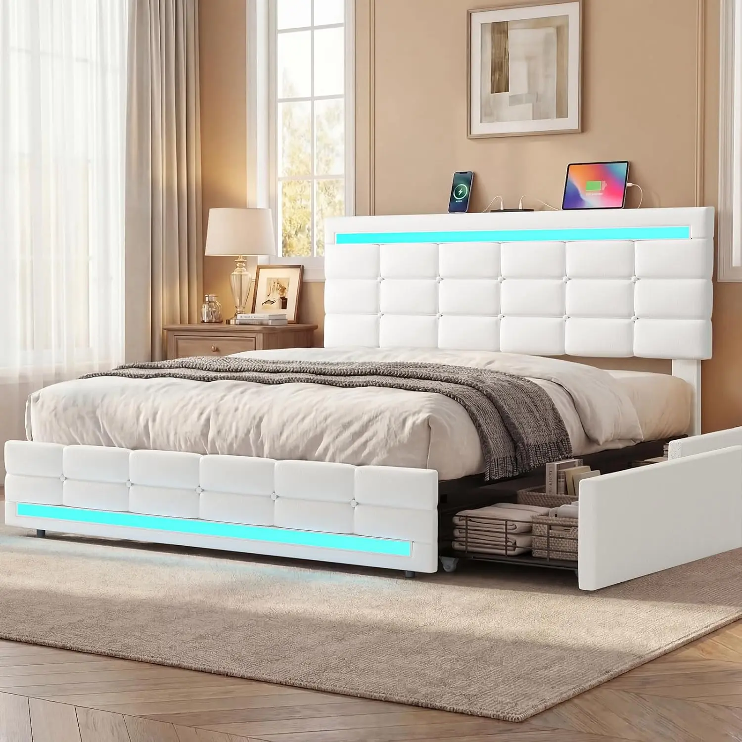 ADORNEVE Full Size LED Bed Frame - PU Leather Upholstered Platform Bed with 4 Storage Drawers, Charging Station, Square Stitched Button Tufted Design, Full Size Bed