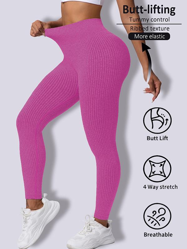 Fashion Candy Colors Women High-Waisted Butt-Lifting Tummy-Control Leggings, Soft Comfortable Breathable Elastic Ribbed Texture Sport Pants, Gym Workout Yoga Fitness Leggings, Suitable For Casual and Versatile Styles, Everyday Wear Must-Have For Wardrobe