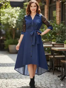 Vintage Dress Flower Lace Panel Belted Turn Down Collar Button-up High Low Midi Dress, Floral, Casual Wear