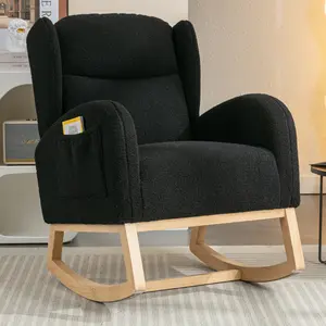 Rocking Glider Chair, Wingback Teddy Accent Rocker Chair Upholstered Tall Back Arm Chair w/Side Pockets, Modern Leisure Single Sofa for Living Room, Hotel, Bedroom