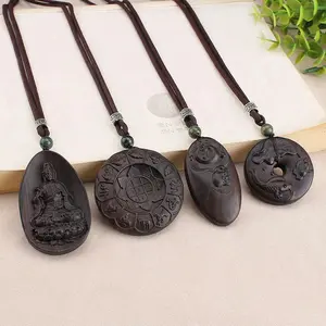 Handcrafted Nepali Ebony Sweater Chain with Wooden Ganesh and Buddha Pendant