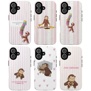 Cute Curious Monkey Tough Phone Case, Pink Aesthetic Cartoon Protective Cover for ip and ss, gift, cute monkey, curious georgee protective cover