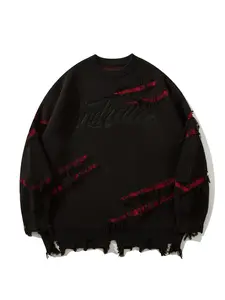 Men's Regular Fit Letter Embroidery Raw Hem Ripped Drop Shoulder Sweater, Casual Soft Comfy Long Sleeve Round Neck Crewneck Jumper For Fall & Winter, Men's Knitwear Top For Daily Wear