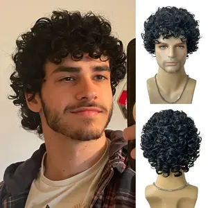 Stylish Men's Curly Short Wig - 130% Density, Heat Resistant Synthetic Hair, Versatile Black for Everyday & Halloween Parties