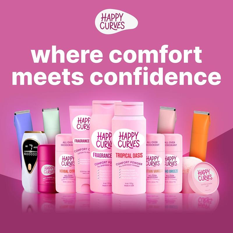 HAPPY CURVES Comfort Powder: Talc Free Anti Chafe Body & Foot Dusting Powder Deodorant to Control Inner Thigh Chafing, Private Areas, and All Over Body for Women 4 oz. (1 Pack, Tropical Oasis)