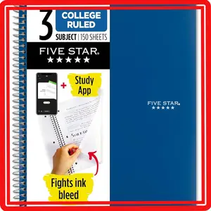 Five Star Spiral Notebook 3 Subject College Ruled 150 Sheets Pacific Blue Water Resistant Cover Fights Ink Bleed Study App Integration Durable Paper for School College Office Organization Note Taking