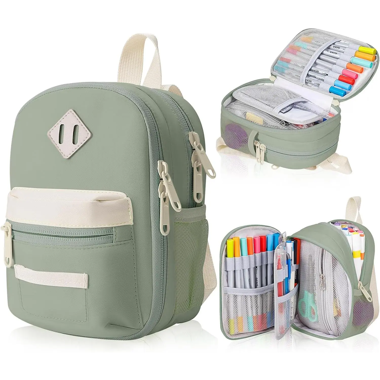 Nylon Fabric Large-Capacity Mini Backpack Pencil Case - Colored Pencils Marker Pen Organizer for Back to School Haul, Students - Mobile Phones Storage Pouch for Camping (Green)