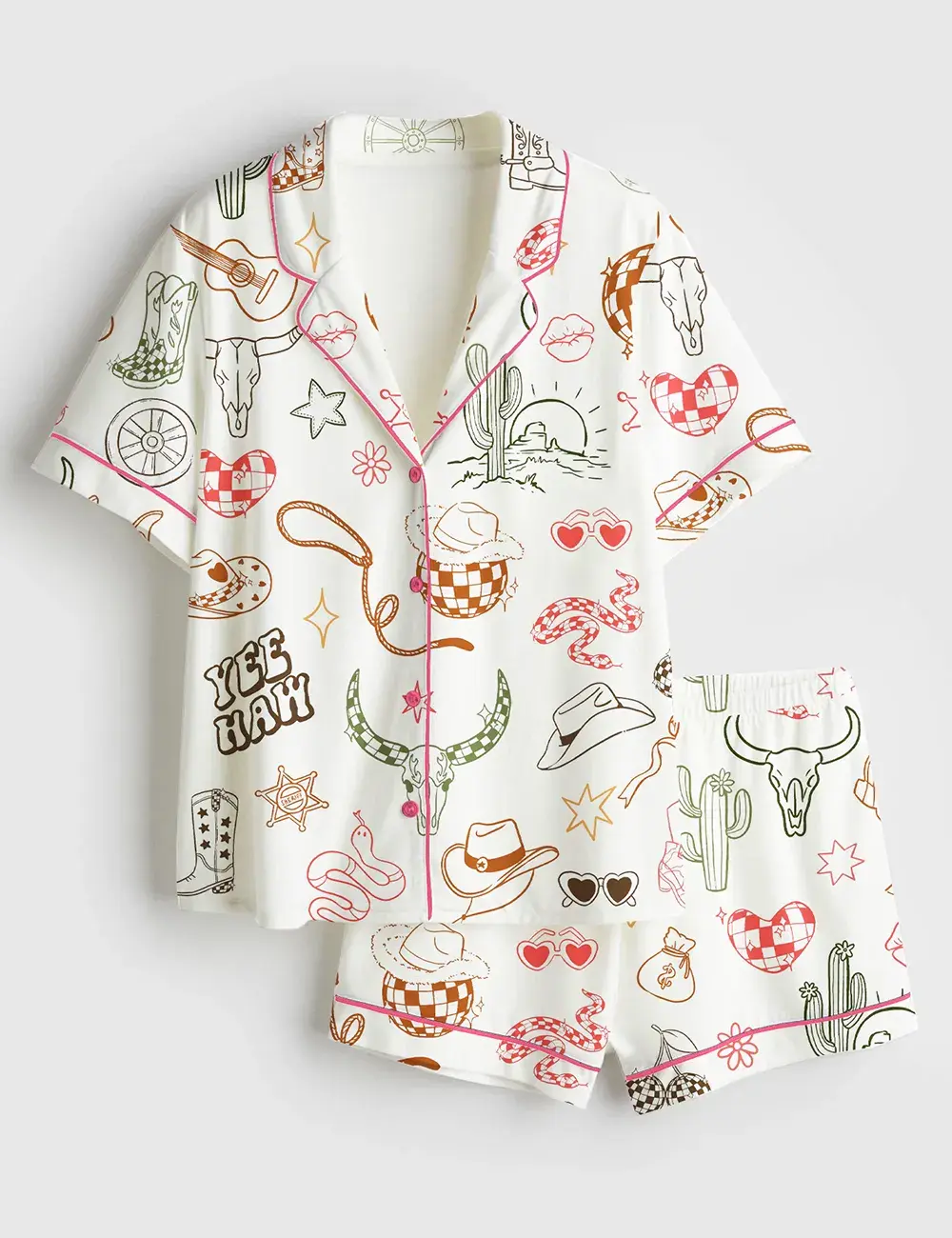 Western Cowgirl Bachelorette Hand-Drawn Wild West Disco Print Pajama Set, Sleepwear for Women
