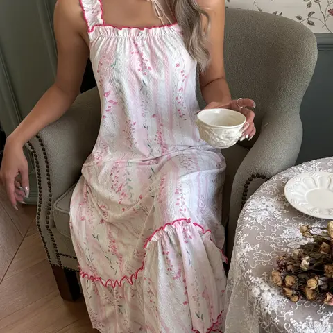 Women's Ditsy Floral Ruffle Nightdress, Slim-Fitting Casual, Soft Comfortable Fabric, Nightwear for All Seasons, Feminine Loungewear, Sleepwear Loungewear