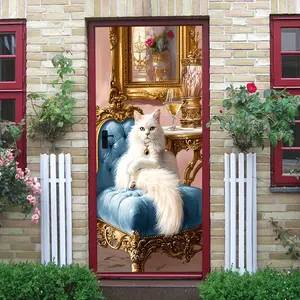 2pcs European Retro Court Style White Long-haired Cat Wall Sticker Self-adhesive Removable Art Mural for Living Room Bedroom Luxury Gold Frame Home Background Wall Decal Cartoon Animal Warm Wall Deco