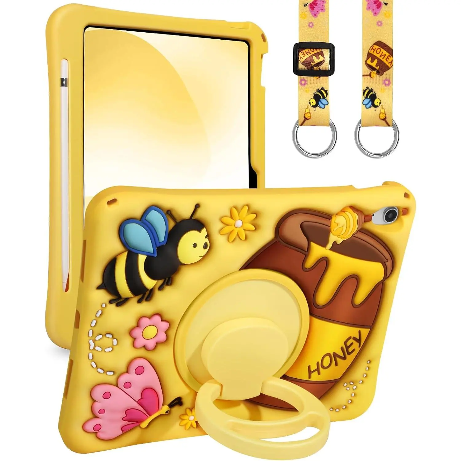 Cute Yellow Cartoon Silicone iPad Cover with Pencil Holder, Detachable Adjustable Strap, Rotating Kickstand, 3D Shock Cushioning - For iPad 10th Gen (A16), 11th Gen (11 in) 2025 Protective Tablet Accessories Casing