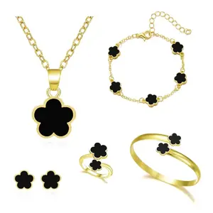 10 Pieces(or 5 Pieces) Lucky Clover Jewelry Set for Women Gold Jewelry Set Alloy Gold Plated Flower Design Five Leaf Necklace Bracelet Ring Earrings for Women Ladies