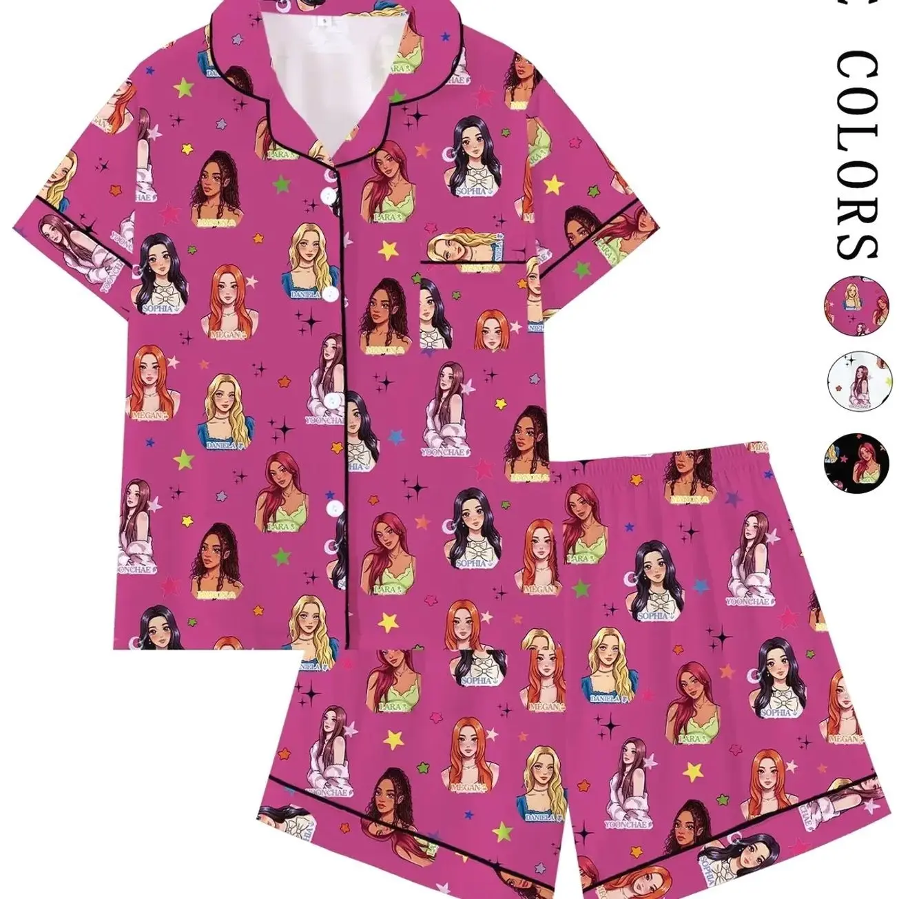 Women's Korean Style Cartoon Print Pajama Set, Short Sleeve Open Front Two-Piece Sleepwear, Loose-Fitting Casual Home Clothes, Loungewear, Gift for Fans, Matching Pj Set