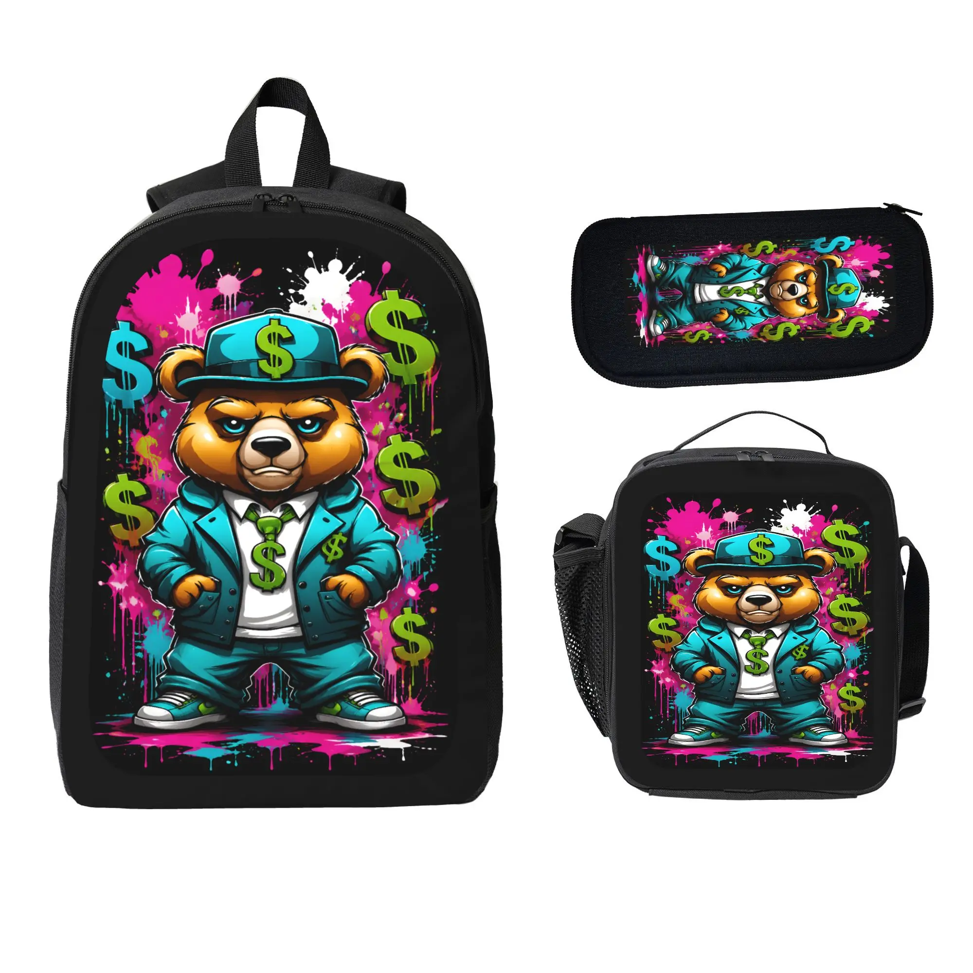 American Style Mens Bear Design Urban College Backpack Large Capacity Multifunctional Students Travel Daily Commute Holiday Gift Summer Unisex Set