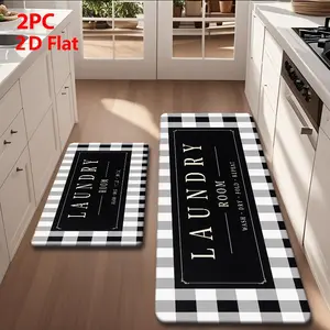 2/3 Piece Flannel Kitchen Mat Set, Classic Checkered Border, Vintage Industrial Style, Non-Slip, Absorbent