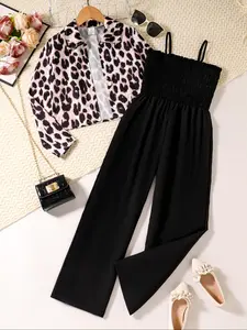 2Pcs Girls Fashion Set, Leopard Print Button-Up Long Sleeve Shirt with Solid Color Jumpsuit, Soft and Comfortable for Spring & Fall, Ideal Gift for Creative Young Girls