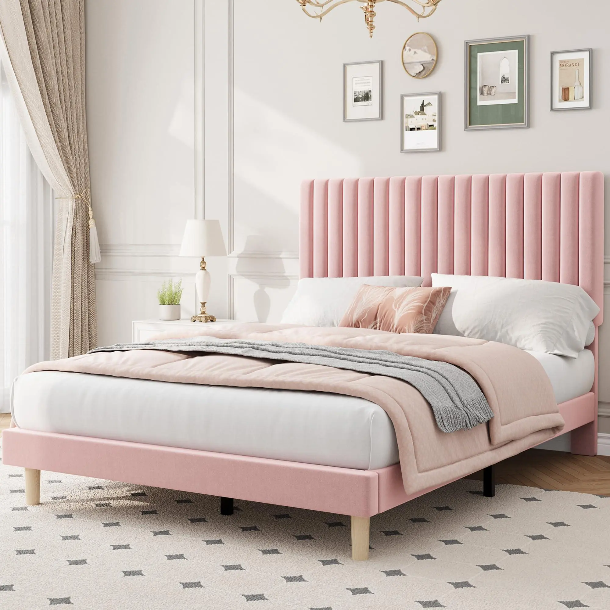 Garvee Full Bed Frame with Adjustable Headboard, Velvet Upholstered Platform Bed Frame Full Size, Strong Wooden Slats, No Box Spring Needed, Easy Assembly, Pink
